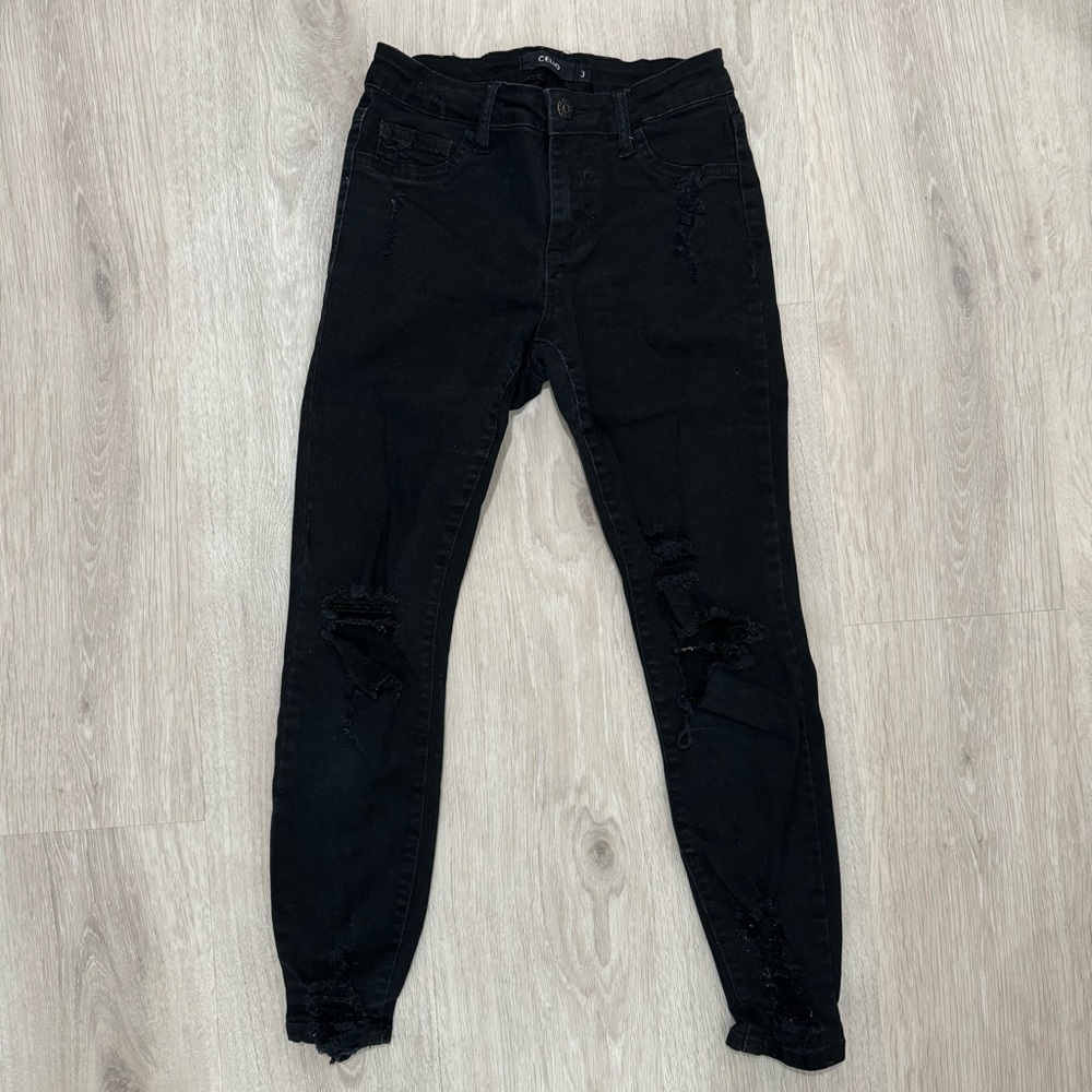 cello black dark wash distressed ripped cigarette hem skinny denim jeans pants